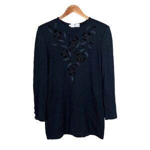 Vintage VALENTINO 100% Wool Floral Velvet Sweater, Black 6 - Designer, Italian